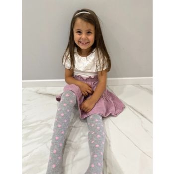 Детски памучни чорапогащи-сиви на розови точки