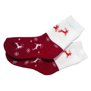 Детски Коледни термо чорапи от пениран памук, червен/бял, Еленчета