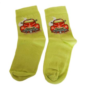 Детски Пенирани Памучни чорапи зелени с илюстрация на кола