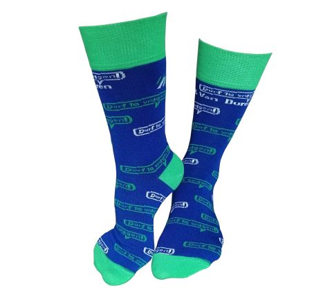 Мъжки шарени чорапи от мерсеризиран памук, Сини с надпис